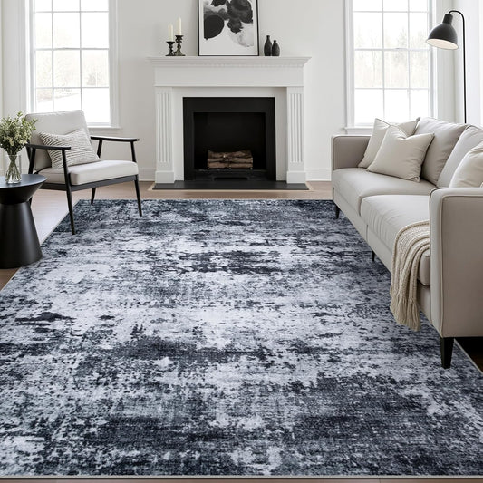 Skiennix 5x7 Area Rug - Washable Modern Abstract Soft Indoor Carpet | Non-Slip & Stain Resistant - Black