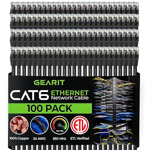 GEARit Cat 6 Patch Cables 0.5 ft Black (100 Pack) - Cat6 Patch Cables 0.5ft Black/Ethernet Patch Cable, 10Gbps 550MHz 24AWG Pure Copper, Snagless, Gold Plated RJ45 for Router, Server, Router, PC