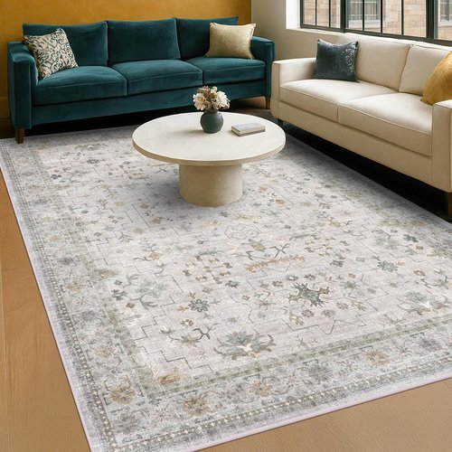 Hazo Haus Boho Light Grey Area Rug - Modern Floral Design, Washable Low Pile 7x9 for Living Room & Dining Room