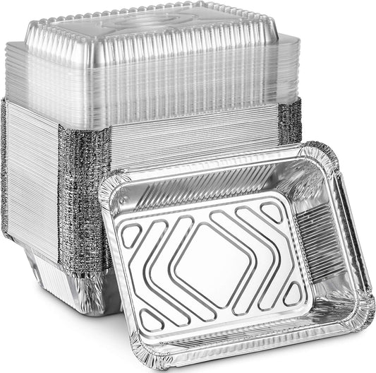 MontoPack Disposable Aluminum Foil Takeout Pans - 2lb Capacity with Clear Lids | Eco-Friendly & Recyclable | 50-Pack 8x5.5” Drip Pans