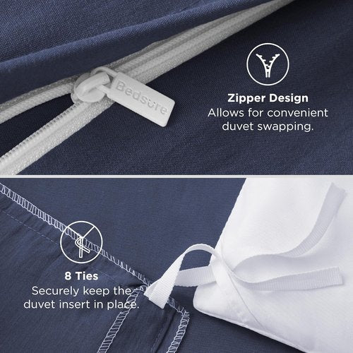 Bedsure Navy Blue Duvet Cover Set | Soft Prewashed Cotton-Like Polyester - Queen Size 3 Pieces (90x90 inches)