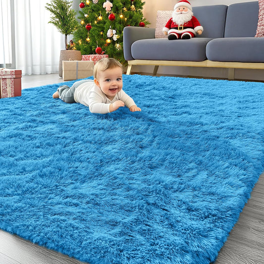 OLANLY Large 5x7 Machine Washable Area Rug - Soft Fluffy Shaggy Carpet for Living Room & Bedroom | Bright Blue