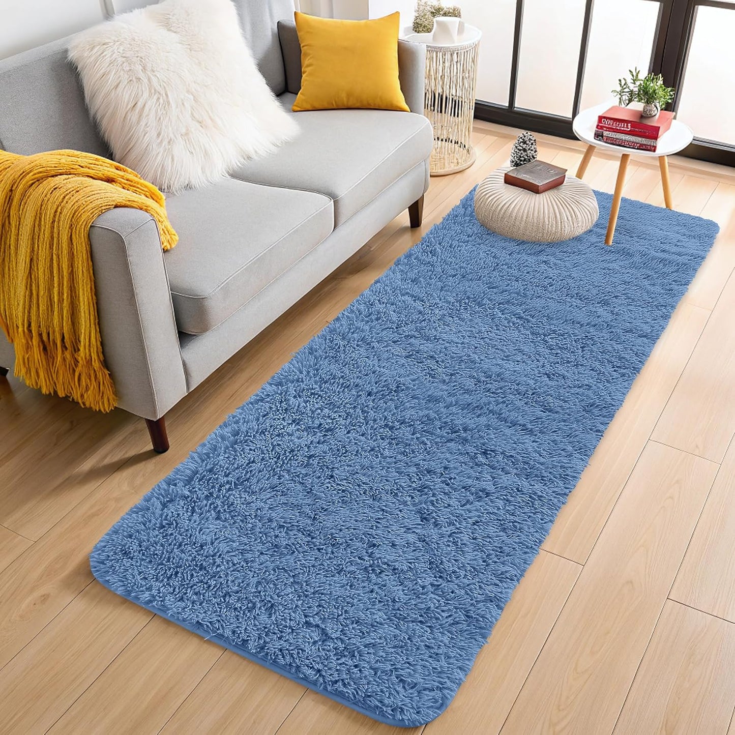 OLANLY Runner Rugs - Soft, Machine Washable Shaggy Carpet for Hallway & Bedroom | Blue 2x8 ft