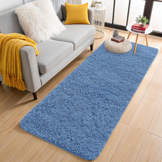 OLANLY Runner Rugs - Soft, Machine Washable Shaggy Carpet for Hallway & Bedroom | Blue 2x8 ft
