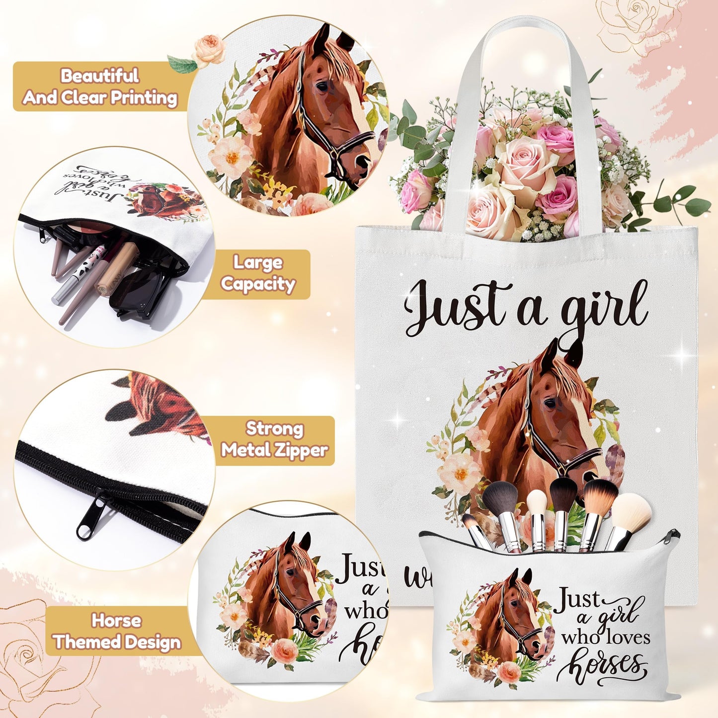 Y1tvei Horse Gift Set for Women Girls- 61pcs Just A Girl Who Loves Horses Tote Bag with Cosmetic Bag, Tumbler with Straw, Keychain Pink Bracelet Necklace Socks Sticker Set for Lover Friends Birthday
