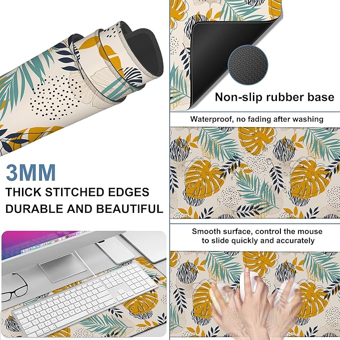 NITAHHHY Large Mouse Pad Palm Leaves Gaming Desk Pad Computer Keyboard Non-Slip Waterproof Mouse Mat with Rubber Base and Stitched Edges Entertainment Office Writing Desk Mat 35.4 x 15.7 Inches