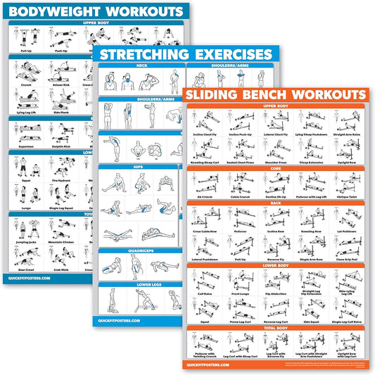 Palace Learning Bodyweight Workout Charts - 3 Pack with Stretching Exercises & Sliding Bench
