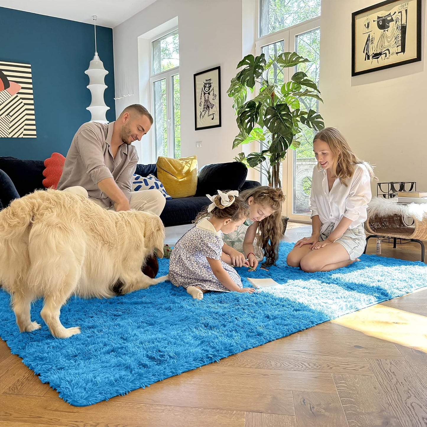 OLANLY Soft Fluffy 3x5 Machine Washable Bedside Rug - Bright Blue Shaggy Carpet for Kids & Home Decor