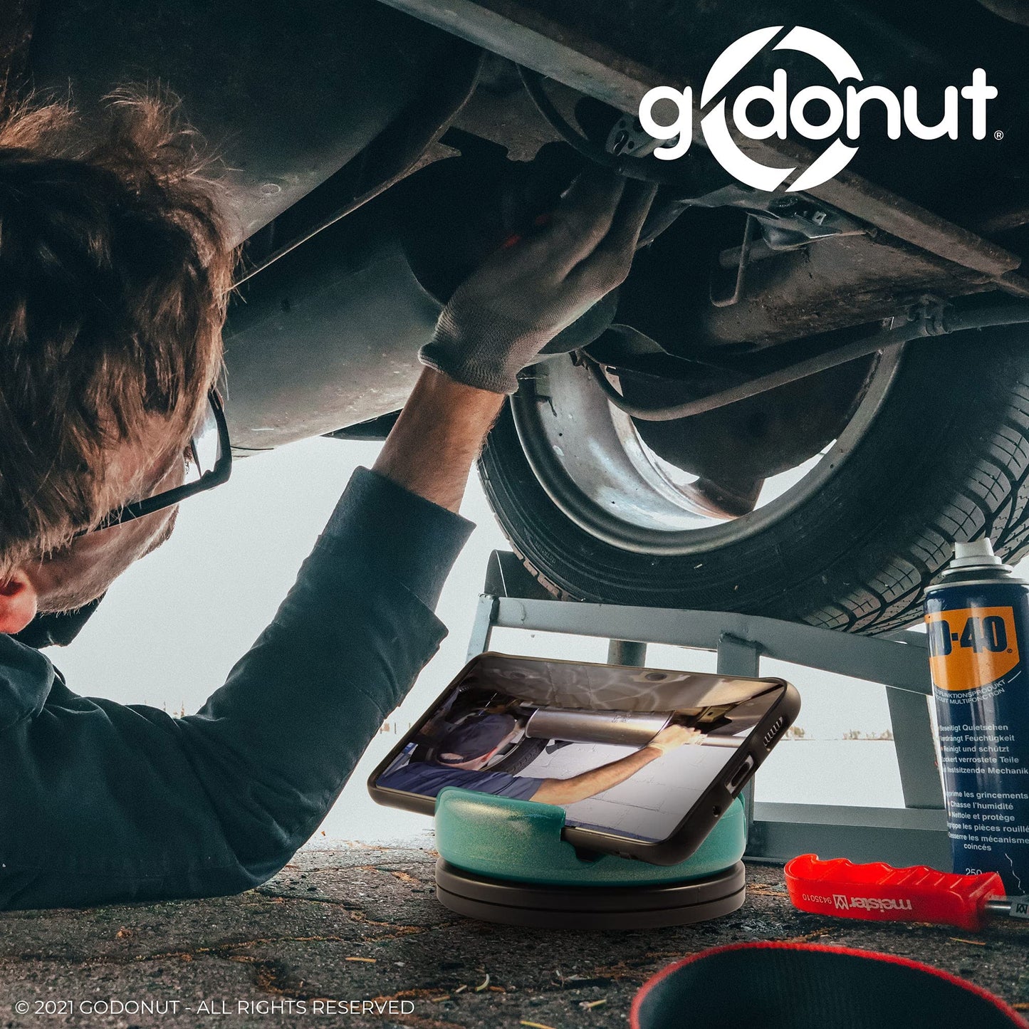 GoDonut 360 Swivel – Smartphone and Tablet Stand and Desk Organizer with 360 Degrees Device Rotation - Compact and Portable for Travel, Office and Home - Made in USA (Blue)