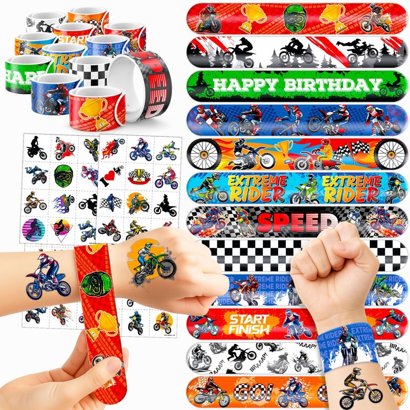72 PCS Dirt Bike Party Favors - 48 Temporary Pre-Cut Tattoos & 24 Slap Bracelets - Fun Party Favors for Boys & Girls, Birthday Goodie Bag Fillers, Baby Shower Gifts, Classroom Rewards