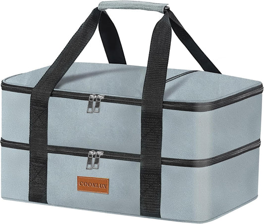Skiennix Double Decker Insulated Casserole Carrier - Leak Proof Food Warmer Bag for Potlucks | Fits 9"x13" Baking Dish - Durable Grey Nylon