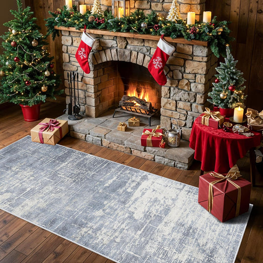 Skiennix Non-Slip Entryway Area Rug - Washable Stain Resistant Vintage Abstract Design | 2x6 ft, Blue
