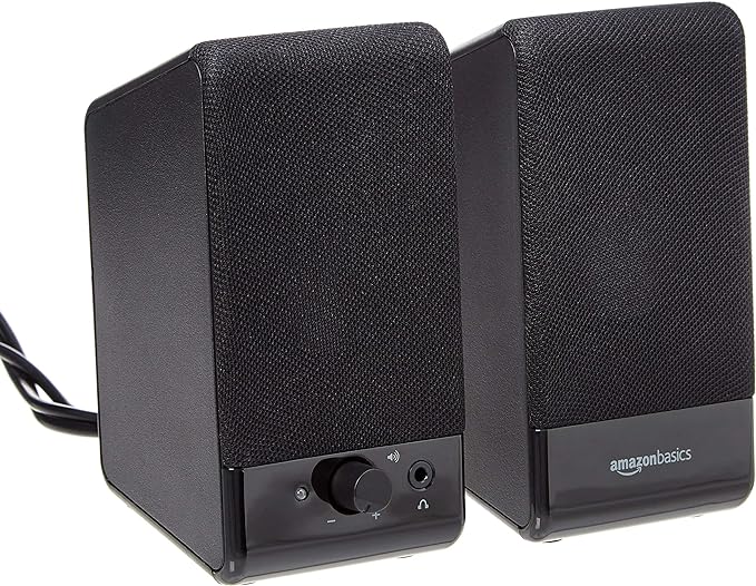 Amazon Basics USB-Powered Computer Speakers with Volume Control for Desktop or Laptop PC, Compact Size, Headphone Jack, Portable, Plug-N-Play, Black