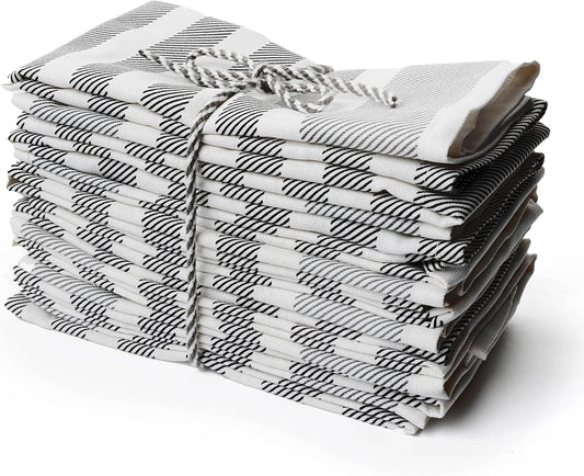 PERLLI Cotton Cloth Napkins - 12 Pack 18x18 Inches | Washable Black, Gray & White Stripes for Elegant Table Settings