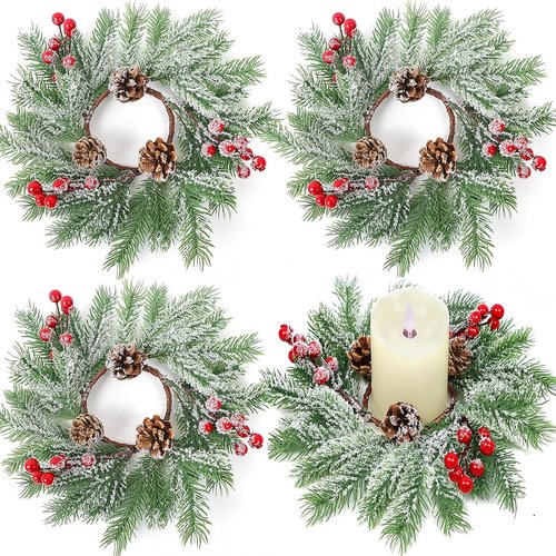 Christmas Candle Rings - Set of 4 Artificial Red Berries & Pinecones | 10-Inch Holiday Centerpieces