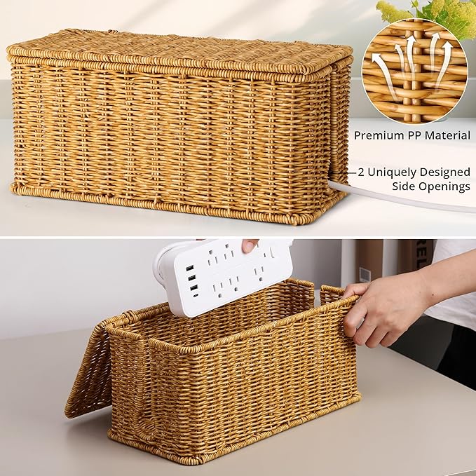 ZhiYo Rattan Cable Management Box, Cord Organizer, Nature, 2 Pack (M&L)