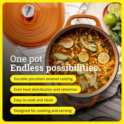 Lodge Enamel Cast Iron Dutch Oven - 6 Quart Moisture-Sealing Lid & Dual Handles - Apricot Color