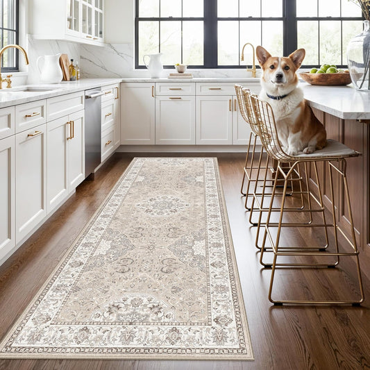 Skiennix Washable 3x8 Kitchen Runner Rug - Stain Resistant Low-Pile Vintage Soft Mat | Beige