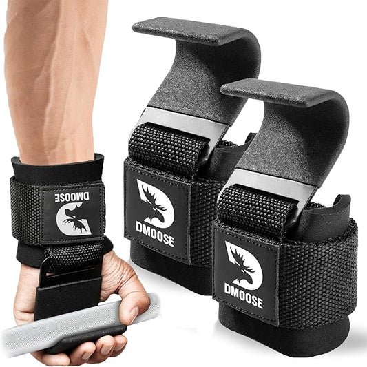 DMoose Fitness Weight Lifting Hooks (Pair) for Deadlifts, Pull Ups, Rows & Shrugs - Anti-Rip Nylon Strap Hand Grips with Thick Wrist Padding - Heavy Duty Wrist Straps for Weightlifting & Gym Workouts