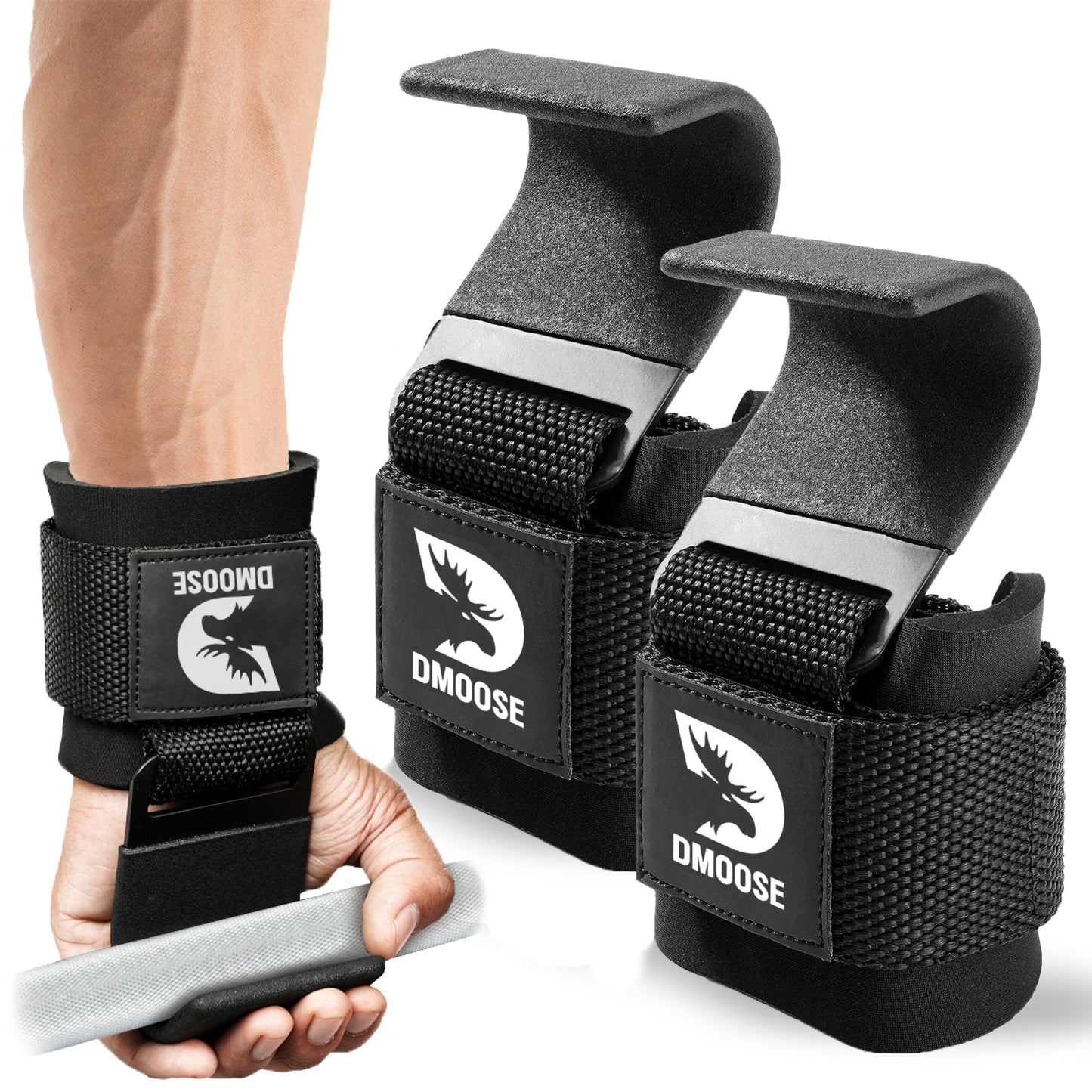 DMoose Fitness Weight Lifting Hooks (Pair) for Deadlifts, Pull Ups, Rows & Shrugs - Anti-Rip Nylon Strap Hand Grips with Thick Wrist Padding - Heavy Duty Wrist Straps for Weightlifting & Gym Workouts