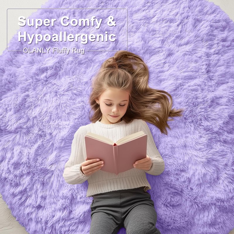 OLANLY Light Purple Round Rugs for Bedroom - Machine Washable, 2 ft Circle Area Rugs for Living Room, Soft and Fluffy Shaggy Carpet for Teen Girls and Boys, Nursery Rooms, Dorms, Home Decor Aesthetic