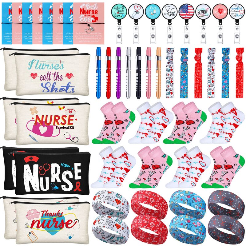 72 Pcs Nurse Week Gifts Bulk 2026,Nurses Appreciation Gift Set for Women Socks Makeup Bag Penlight Badge Reels Headband Bracelet Hair Rope for Graduation Gratitude Employees Doctor Hospital Staff Team