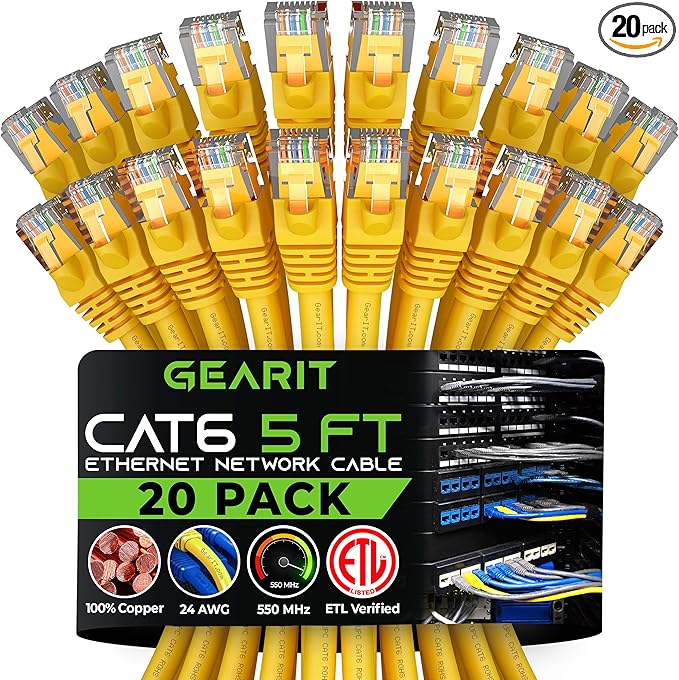 GEARit Cat 6 Ethernet Patch Cable 5 ft Yellow (20 Pack) Cat6 Patch Cables 5ft Yellow/Ethernet Patch Cable, 10Gbps 550MHz 24AWG Pure Copper, Snagless, Gold Plated RJ45 for Router, Server, Router, PC