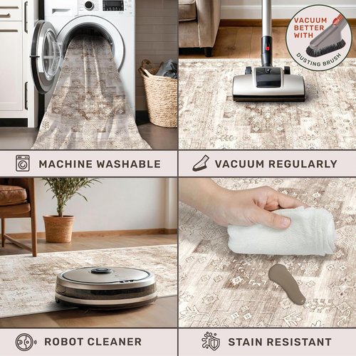 Boho Bathroom Rugs - Washable Non-Slip Soft Area Rug for Entryway & Kitchen | Modern Farmhouse Design (2x3 Beige/Latte)
