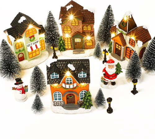 Aneco Christmas Village Set - 19 Resin Houses with Santa, Snowman & LED Lights | Winter Decor