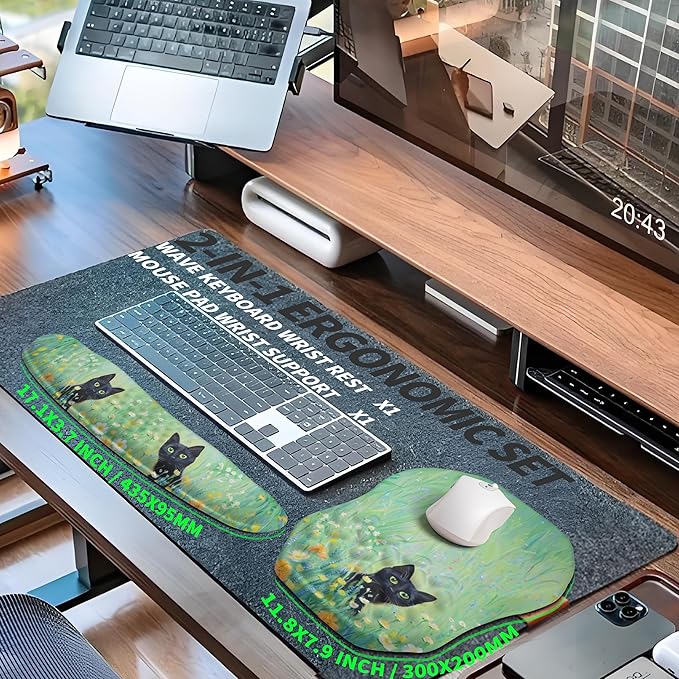 Gleamtide 2-in-1 Ergonomic Set, Wave Keyboard Wrist Rest and Massage Slope Mouse Pad Wrist Support, Rebound Memory Foam for Relieve Carpal Tunnel Syndrome and Wrist Pain (Oil Painting Cats)