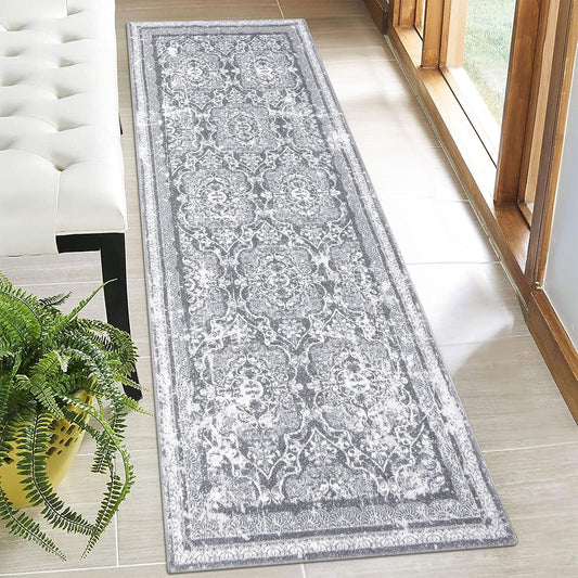 Vaukki Vintage Shaggy Hallway Runner Rug - Soft Non-Slip 2' x 6' Boho Entryway Mat | Grey Washable Carpet for Kitchen & Bathroom