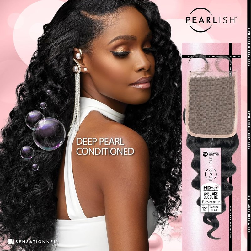 Sensationnel Pearlish Bundle - 4x5 Closure Euro Deep 12 Inch HD Lace Human Hair Weave | Soft Remy Natural Black