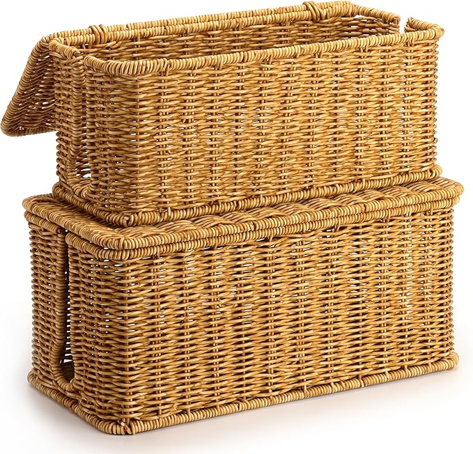 ZhiYo Rattan Cable Management Box, Cord Organizer, Nature, 2 Pack (M&L)
