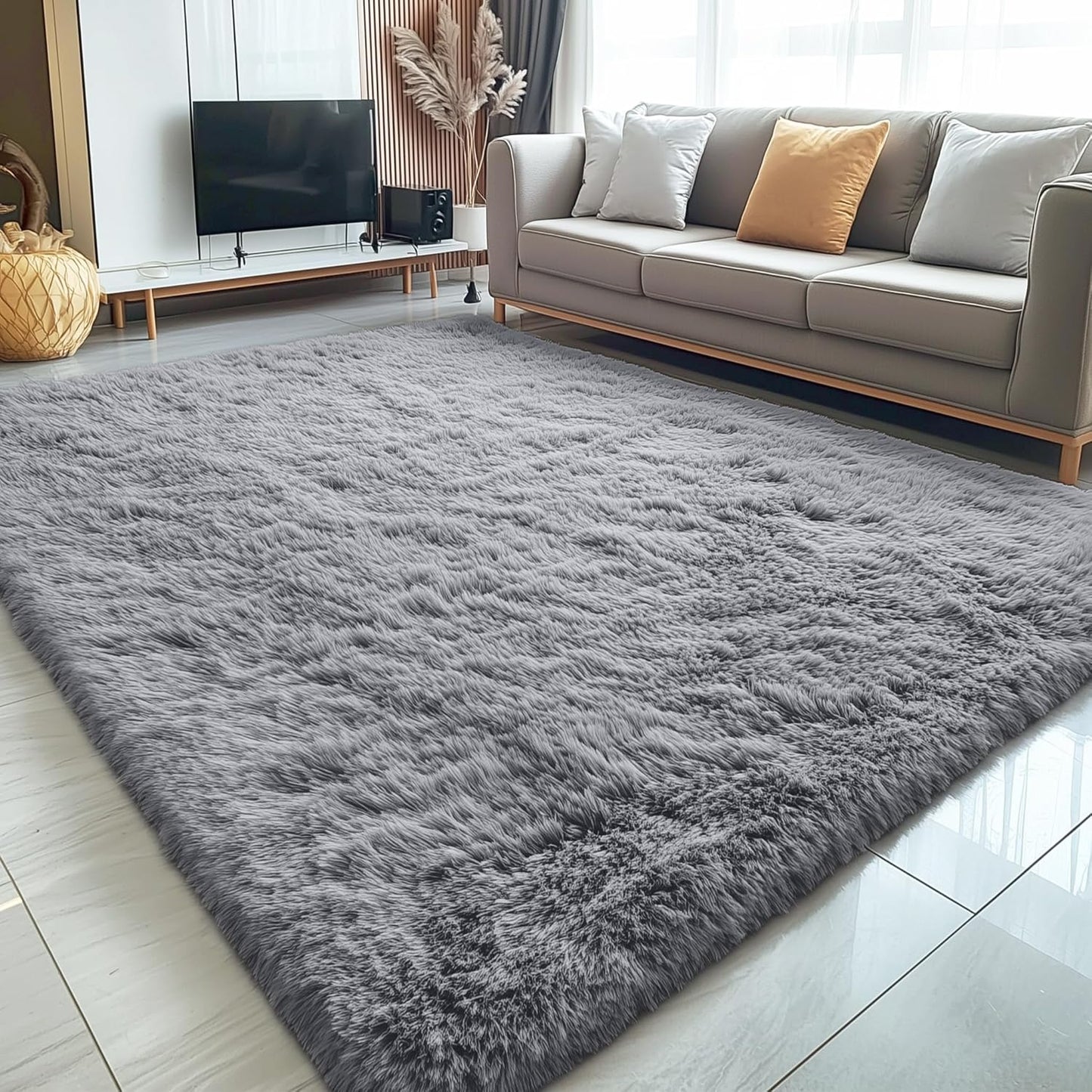OLANLY Large 5x7 Machine Washable Area Rug - Soft Fluffy Shaggy Indoor Carpet in Light Grey for Living Room & Nursery