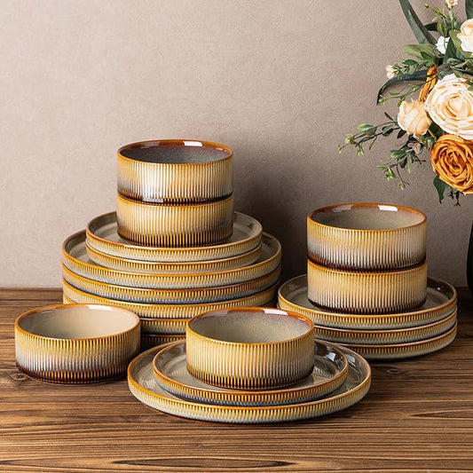 TheTerra Ceramic Dinnerware Sets for 6, 18 Pieces Porcelain Lightweight Plates and Bowls Sets, Scratch Resistant Dish Set, Oven & Microwave & Dishwasher Safe, Creamy Amber