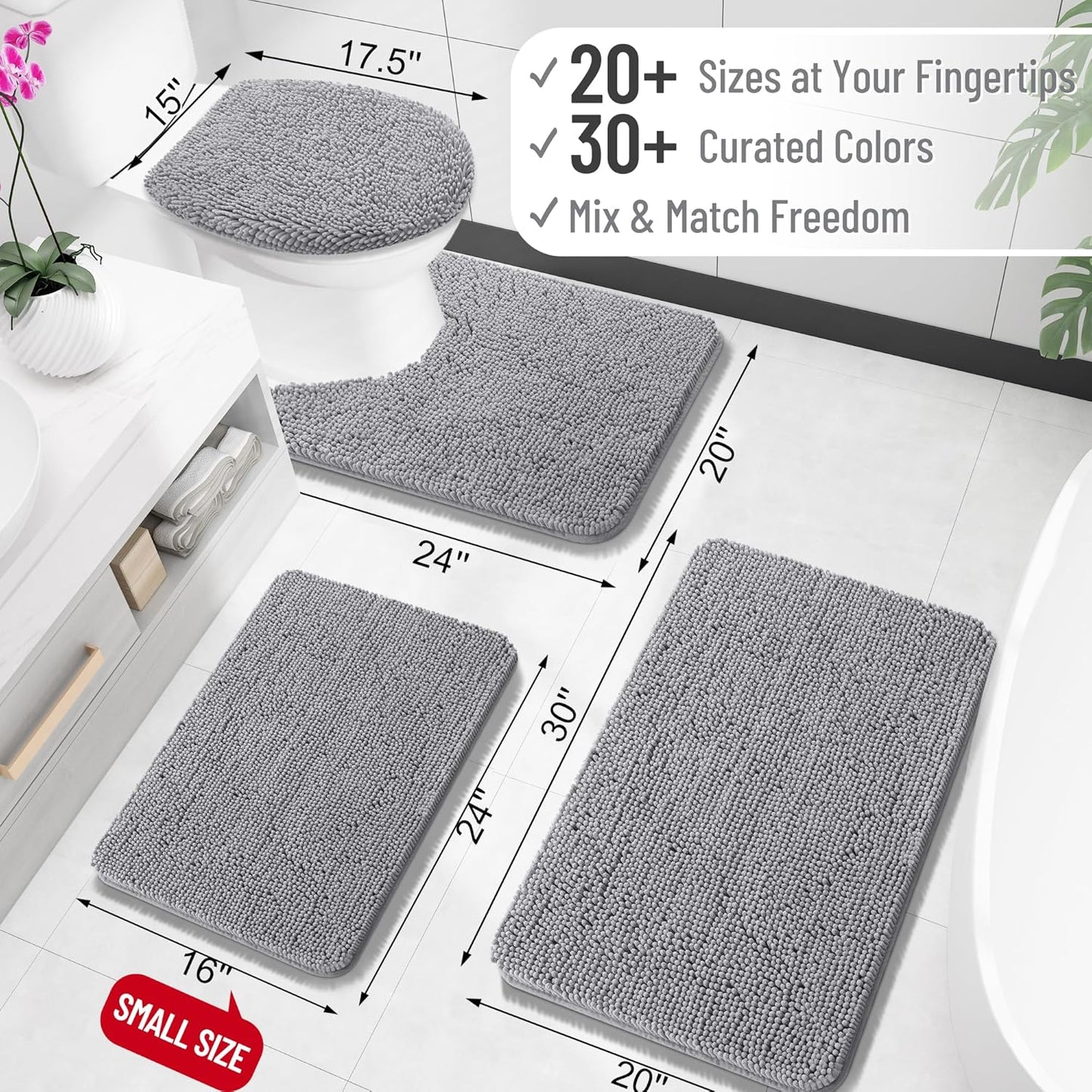 OLANLY Bath Rugs - Extra Soft Chenille | Quick-Dry, Machine Washable, 30x18 Inches, Grey
