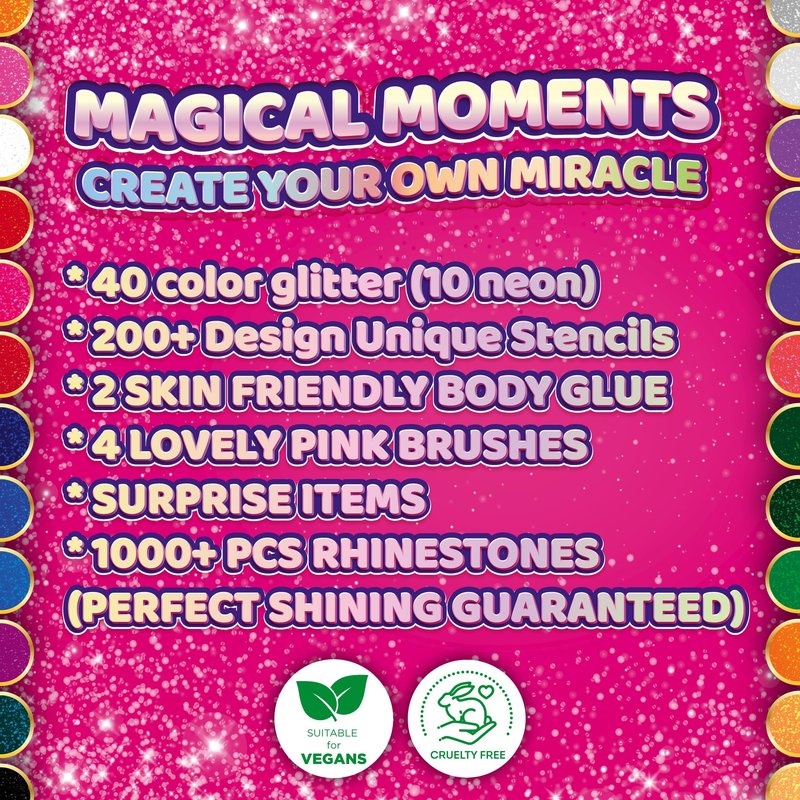 40 Colour - Glitter Tattoos for kids, Glitter tattoo kit, Temporary Tattoos for kids, Face glitter, 200+ Stencils, 40 Colour (10 neon), Rhinestones, Girls birthday present, Face Glitters