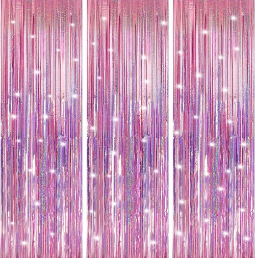 Crosize Laser Pink Foil Fringe Backdrop Curtain - 7 Pack | Perfect for Birthday Parties & Photo Booths