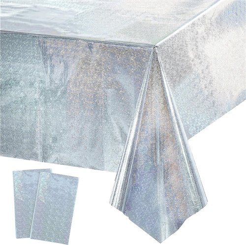 GREATRIL Disposable Silver Table Cover - Rectangle Party Tablecloths for Birthdays | 54'' x 108'' (2 Packs)