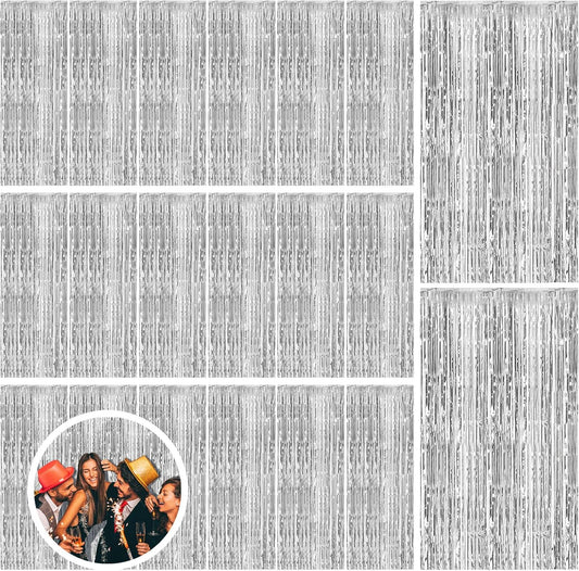 Skiennix Silver Backdrop Curtain - 20 Pack Foil Fringe Decorations for Parties & Events