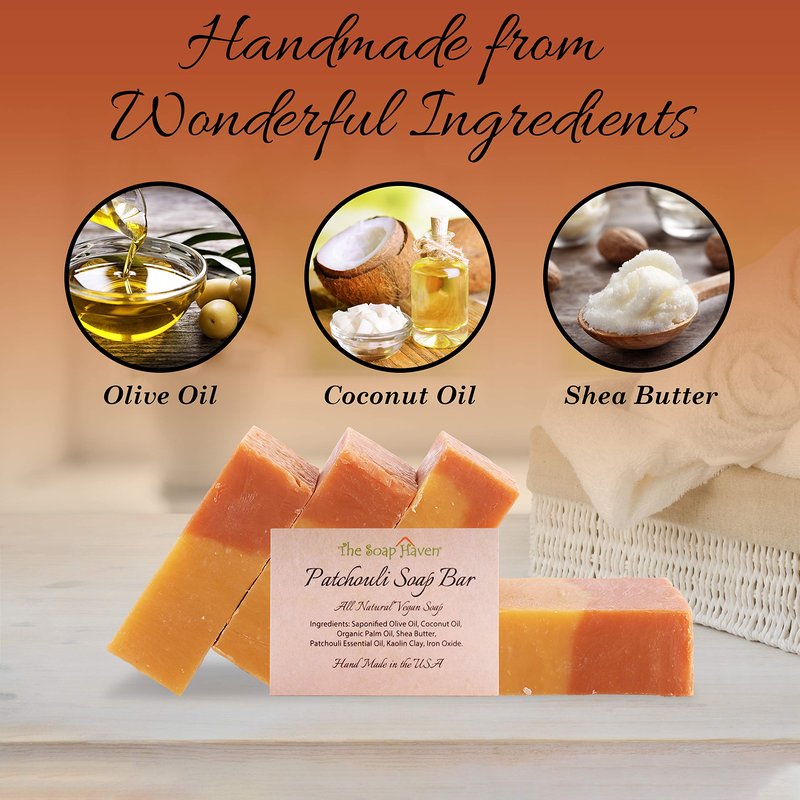 Patchouli Soap Bar - 4 Large 4.5 oz Bars. Handmade in USA with 100% Natural, Non-GMO ingredients