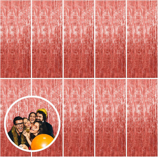 Skiennix Rose Gold Fringe Curtain Backdrop - 10 Pack Metallic Tinsel Streamers for Parties & Events