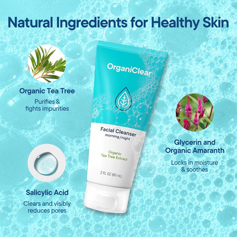 OrganiClear Facial Cleanser w/Organic Tea Tree & Salicylic Acid – Gentle Daily Foaming Gel Face Wash for Deep Cleansing & Makeup Removal – Unclogs Pores, Eliminates Dirt & Oil, (2 oz) 2 Pack