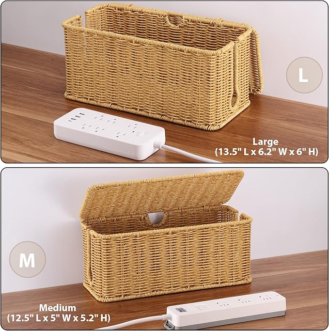 ZhiYo Rattan Cable Management Box, Brown Desk Cord Organizer, 2 Pack (M&L)