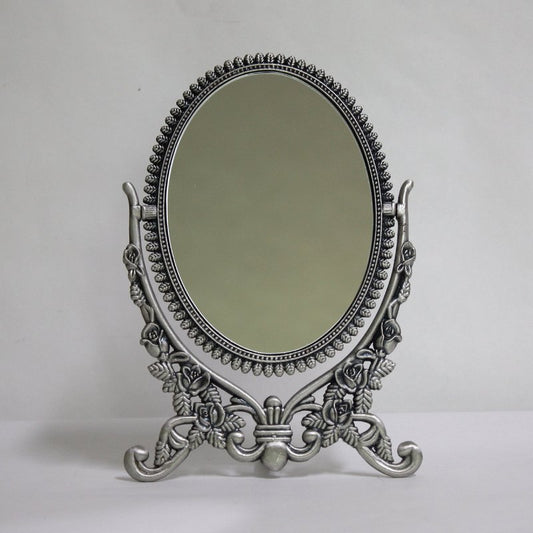 SEHAMANO Vintage Antique Embossed Roses Pattern Makeup Table Mirror, Decorative Oval Shaped Stand Mirror, Vanity Cosmetic Double Sided Rotatable Ellipse Metal Frame Mirror (Tin (Matt Grey), Medium)