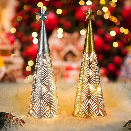 Juegoal Lighted Christmas Table Decorations - Battery Operated Cone Candle Lanterns | Set of 2 (Gold & Silver)