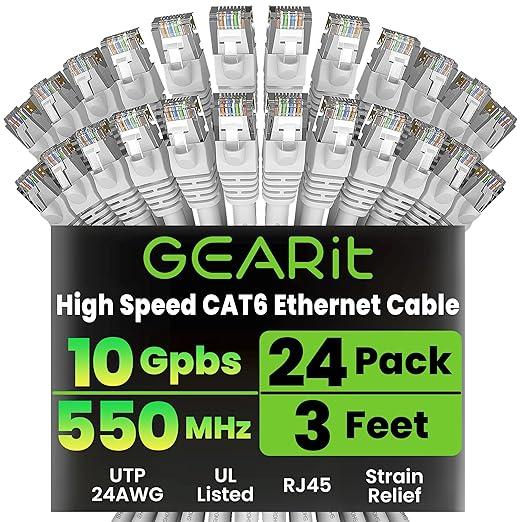 GEARit Cat 6 Ethernet Patch Cables 3 ft White (Cat 6 Ethernet Cables 3 ft 24-Pack), High Speed 24AWG 10Gbps RJ45 Snagless Gold-Plated, Ethernet Cable for Router, Switch, PC, PS5 Gaming, Server