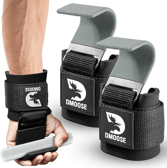 DMoose Fitness Weight Lifting Hooks (Pair) for Deadlifts, Pull Ups, Rows & Shrugs - Anti-Rip Nylon Strap Hand Grips with Thick Wrist Padding - Heavy Duty Wrist Straps for Weightlifting (Grey)