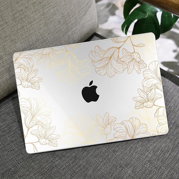 MEEgoodo for MacBook Air 13 inch Case 2021 2020 2019 2018 Released A2337 M1 A2179 A1932 with Touch ID, Plastic Hard Shell & Keyboard Cover Compatible with MacBook Air 13.3, Drawn Golden Floral