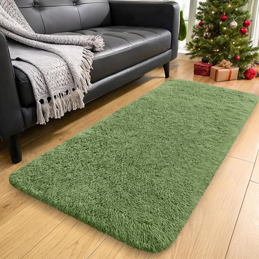 OLANLY Runner Rugs - Machine Washable Soft Fluffy Shaggy Design for Hallway & Bedroom | Green 2x4 ft